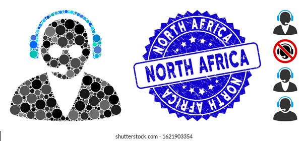 Mosaic support operator icon and distressed stamp seal with North Africa caption. Mosaic vector is composed with support operator icon and with scattered spheric spots.