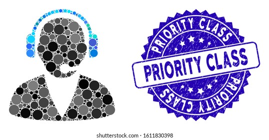 Mosaic support operator icon and rubber stamp watermark with Priority Class text. Mosaic vector is designed with support operator icon and with random round items.