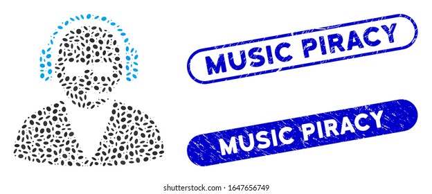 Mosaic support operator and rubber stamp seals with Music Piracy caption. Mosaic vector support operator is formed with scattered ellipse pieces. Music Piracy stamp seals use blue color,
