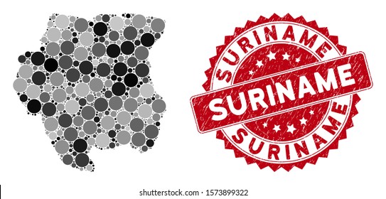 Mosaic Suriname map and circle seal stamp. Flat vector Suriname map mosaic of random circle elements. Red rubber seal with grunge texture. Designed for political and patriotic purposes.