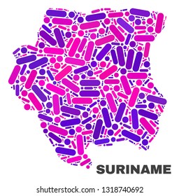 Mosaic Suriname map isolated on a white background. Vector geographic abstraction in pink and violet colors. Mosaic of Suriname map combined of random round points and lines.