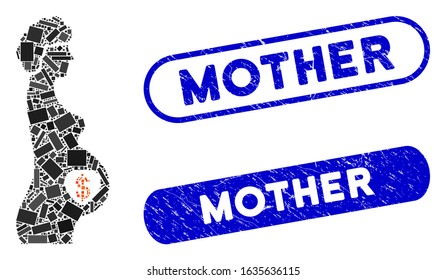 Mosaic surrogate mother and distressed stamp seals with Mother caption. Mosaic vector surrogate mother is formed with random rectangles. Mother stamp seals use blue color,