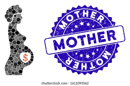 Mosaic surrogate mother icon and grunge stamp seal with Mother text. Mosaic vector is designed with surrogate mother icon and with random circle spots. Mother stamp seal uses blue color,