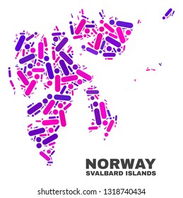 Mosaic Svalbard Islands map isolated on a white background. Vector geographic abstraction in pink and violet colors. Mosaic of Svalbard Islands map combined of scattered round dots and lines.