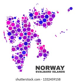 Mosaic Svalbard Islands map isolated on a white background. Vector geographic abstraction in pink and violet colors. Mosaic of Svalbard Islands map combined of scattered spheric elements.