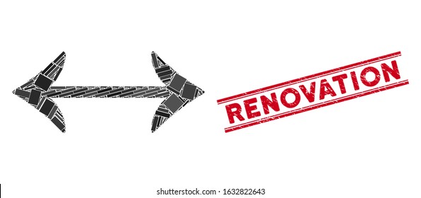 Mosaic swap horizontally pictogram and red Renovation seal between double parallel lines. Flat vector swap horizontally mosaic pictogram of random rotated rectangular elements.