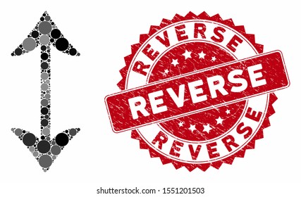 Mosaic swap vertically and grunge stamp seal with Reverse caption. Mosaic vector is formed with swap vertically icon and with scattered round elements. Reverse stamp seal uses red color,