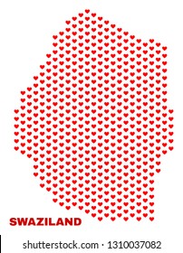 Mosaic Swaziland map of love hearts in red color isolated on a white background. Regular red heart pattern in shape of Swaziland map. Abstract design for Valentine decoration.