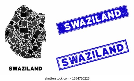 Mosaic Swaziland map and rectangular rubber prints. Flat vector Swaziland map mosaic of randomized rotated rectangular elements. Blue caption rubber stamps with grunge surface.