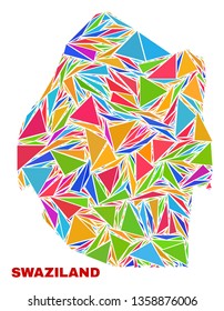 Mosaic Swaziland map of triangles in bright colors isolated on a white background. Triangular collage in shape of Swaziland map. Abstract design for patriotic illustrations.