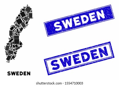 Mosaic Sweden map and rectangle watermarks. Flat vector Sweden map mosaic of scattered rotated rectangle items. Blue caption stamp imprints with distress texture.