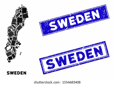 Mosaic Sweden map and rectangular rubber prints. Flat vector Sweden map mosaic of scattered rotated rectangular items. Blue caption rubber stamps with distress textures.