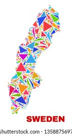 Mosaic Sweden map of triangles in bright colors isolated on a white background. Triangular collage in shape of Sweden map. Abstract design for patriotic decoration.