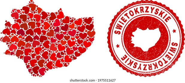 Mosaic Swietokrzyskie Voivodeship map formed with red love hearts, and grunge seal stamp. Vector lovely round red rubber seal stamp imitation with Swietokrzyskie Voivodeship map inside.