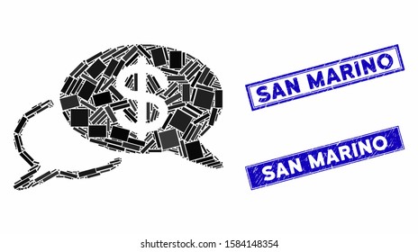 Mosaic swift wire transfer icon and rectangular San Marino seal stamps. Flat vector swift wire transfer mosaic icon of scattered rotated rectangle elements.