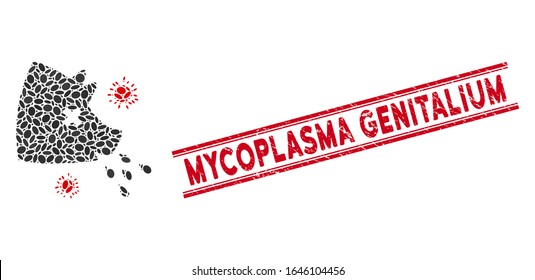 Mosaic swine flu icon and distressed stamp seal with red Mycoplasma Genitalium caption between double parallel lines. Mosaic vector is composed with swine flu icon and with randomized elliptic items.