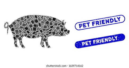 Mosaic swine icon and red round grunge stamp seal with Pet Friendly text and coronavirus symbol. Mosaic vector is composed with swine icon and with scattered round elements.