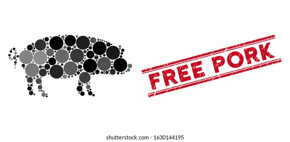 Mosaic swine icon and rubber stamp watermark with Free Pork text between double parallel lines. Mosaic vector is composed with swine pictogram and with random spheric items.