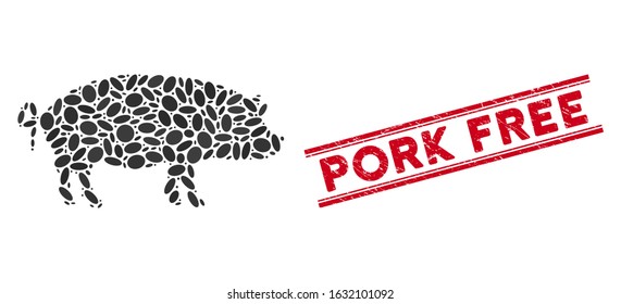 Mosaic swine icon and rubber stamp seal with red Pork Free phrase between double parallel lines. Mosaic vector is designed with swine icon and with scattered ellipse elements.