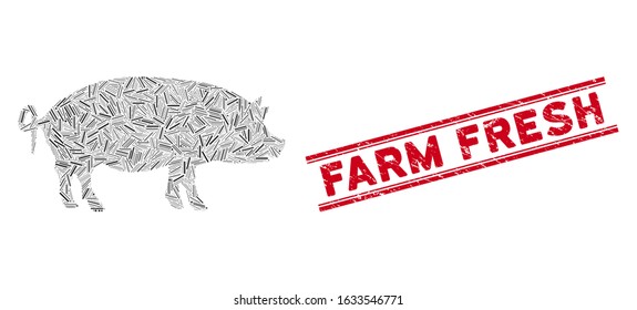 Mosaic swine pictogram and red Farm Fresh seal stamp between double parallel lines. Flat vector swine mosaic pictogram of scattered rotated line elements.