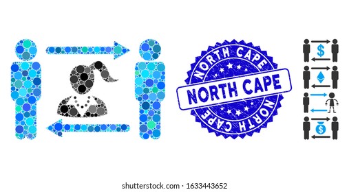 Mosaic swingers exchange woman icon and distressed stamp watermark with North Cape caption. Mosaic vector is formed with swingers exchange woman icon and with randomized round spots.