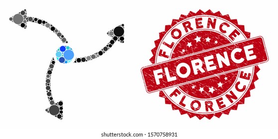 Mosaic swirl direction and distressed stamp seal with Florence caption. Mosaic vector is created with swirl direction icon and with scattered round elements. Florence stamp seal uses red color,