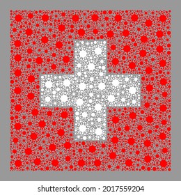 Mosaik Schweizer Flagge erstellt mit viralen Symbolen. Vektorcoronavirus Collage Schweizer Fahne für medizinische Illustrationen. Für politische oder patriotische Propaganda konzipiert.