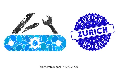 Mosaic swiss knife icon and rubber stamp watermark with Zurich text. Mosaic vector is designed with swiss knife pictogram and with scattered elliptic spots. Zurich stamp seal uses blue color,