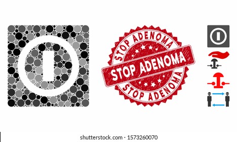 Mosaic switch icon and grunge stamp seal with Stop Adenoma text. Mosaic vector is formed with switch icon and with randomized circle elements. Stop Adenoma seal uses red color, and dirty surface.