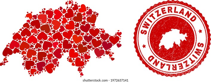 Mosaic Switzerland map composed with red love hearts, and unclean seal. Vector lovely round red rubber seal stamp imitation with Switzerland map inside.