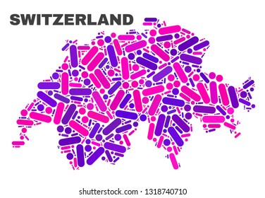 Mosaic Switzerland map isolated on a white background. Vector geographic abstraction in pink and violet colors. Mosaic of Switzerland map combined of random round points and lines.
