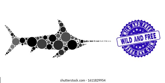 Mosaic sword fish icon and grunge stamp seal with Wild and Free phrase. Mosaic vector is created with sword fish pictogram and with random round items. Wild and Free stamp seal uses blue color,