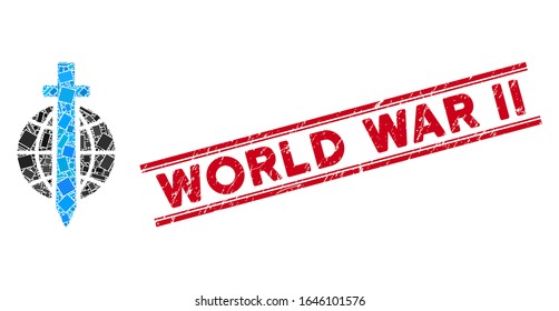 Icono de la espada mosaico y sello rojo de la Segunda Guerra Mundial entre líneas paralelas dobles. Símbolo plano icono de mosaico del globo de elementos rectangulares girados aleatoriamente.