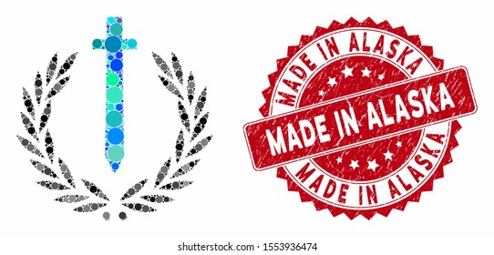 Mosaic sword honor embleme and rubber stamp seal with Made in Alaska text. Mosaic vector is composed with sword honor embleme icon and with random round spots. Made in Alaska seal uses red color,