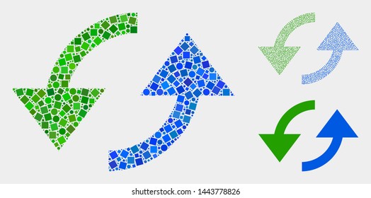 Mosaic Sync arrows icon composed of spheric and square items in different sizes, positions and proportions. Vector spheric and square elements are composed into abstract mosaic sync arrows icons.