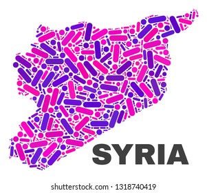 Mosaic Syria map isolated on a white background. Vector geographic abstraction in pink and violet colors. Mosaic of Syria map combined of scattered round points and lines.