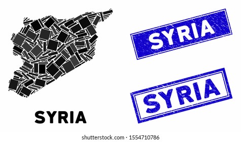 Mosaic Syria map and rectangle stamps. Flat vector Syria map mosaic of scattered rotated rectangle elements. Blue caption seal stamps with distress surface.