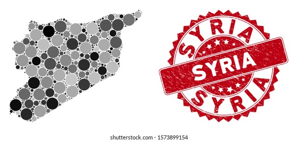 Mosaic Syria map and round rubber print. Flat vector Syria map mosaic of scattered round elements. Red rubber stamp with grunged design. Designed for political and patriotic purposes.