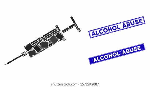 Mosaic syringe icon and rectangle Alcohol Abuse stamps. Flat vector syringe mosaic icon of scattered rotated rectangular items. Blue Alcohol Abuse rubber seals with rubber textures.