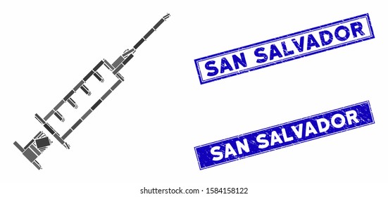 Mosaic syringe icon and rectangle San Salvador seals. Flat vector syringe mosaic icon of scattered rotated rectangle items. Blue San Salvador rubber seals with scratched textures.