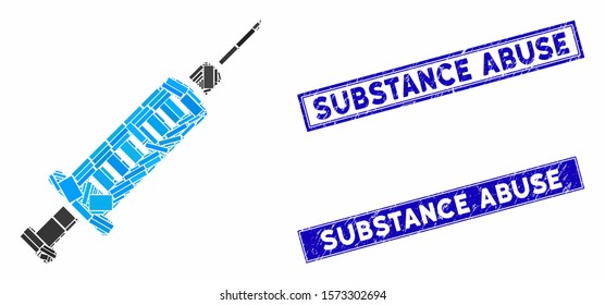 Mosaic syringe pictogram and rectangular Substance Abuse seals. Flat vector syringe mosaic pictogram of scattered rotated rectangle items. Blue Substance Abuse seals with distress texture.