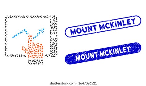 Mosaic tablet report and corroded stamp watermarks with Mount Mckinley text. Mosaic vector tablet report is composed with scattered ellipse pieces. Mount Mckinley stamp seals use blue color,
