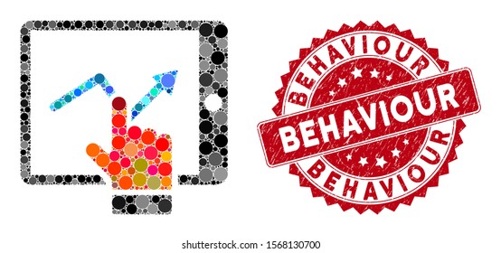 Mosaic tablet report and rubber stamp watermark with Behaviour phrase. Mosaic vector is composed with tablet report icon and with scattered spheric spots. Behaviour stamp seal uses red color,