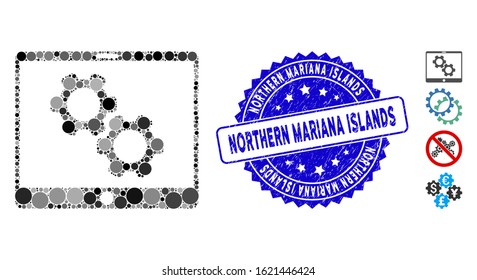 Mosaic tablet settings gears icon and rubber stamp watermark with Northern Mariana Islands caption. Mosaic vector is formed from tablet settings gears icon and with scattered spheric spots.