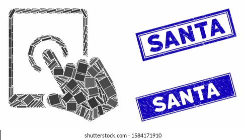 Mosaic tablet tap pictogram and rectangular Santa seals. Flat vector tablet tap mosaic pictogram of random rotated rectangular elements. Blue Santa watermarks with grunged texture.