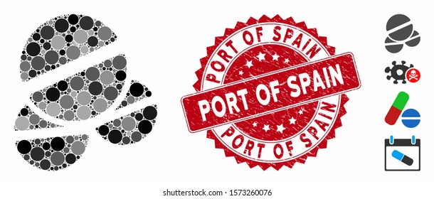 Mosaic tablets icon and corroded stamp seal with Port of Spain caption. Mosaic vector is formed with tablets icon and with randomized spheric items. Port of Spain stamp seal uses red color,