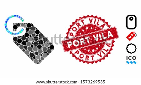 Mosaic tag icon and distressed stamp seal with Port Vila caption. Mosaic vector is created with tag icon and with scattered spheric items. Port Vila seal uses red color, and rubber surface.