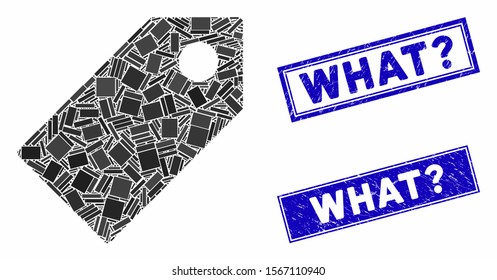 Mosaic tag icon and rectangle seal stamps. Flat vector tag mosaic icon of random rotated rectangle items. Blue caption stamps with rubber surface.