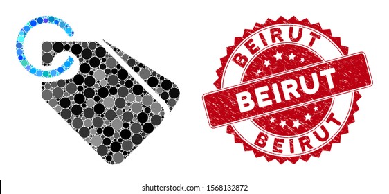 Mosaic tags and rubber stamp watermark with Beirut text. Mosaic vector is created with tags icon and with randomized round spots. Beirut stamp uses red color, and rubber texture.