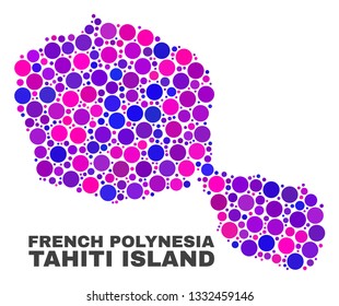 Mosaic Tahiti Island map isolated on a white background. Vector geographic abstraction in pink and violet colors. Mosaic of Tahiti Island map combined of random spheric elements.